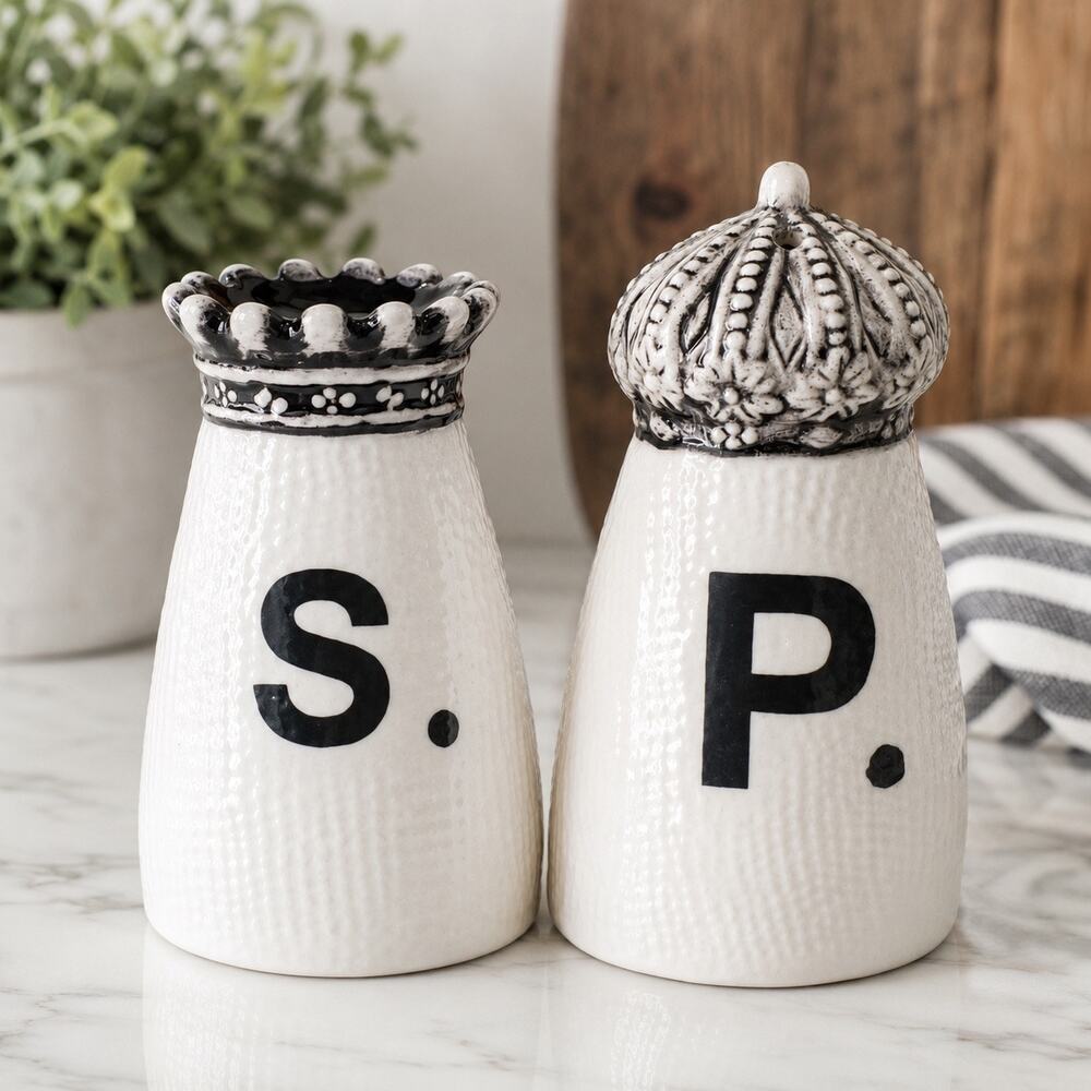 Rae Dunn Crown Salt & Pepper Shakers S P Black White Magenta Ceramic Set